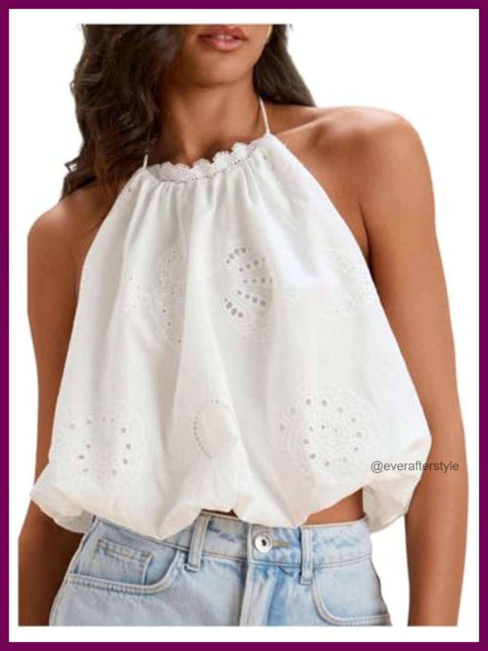 Eyelet Embroidery Bubble Halter Crop Top Sleeveless Backless Summer